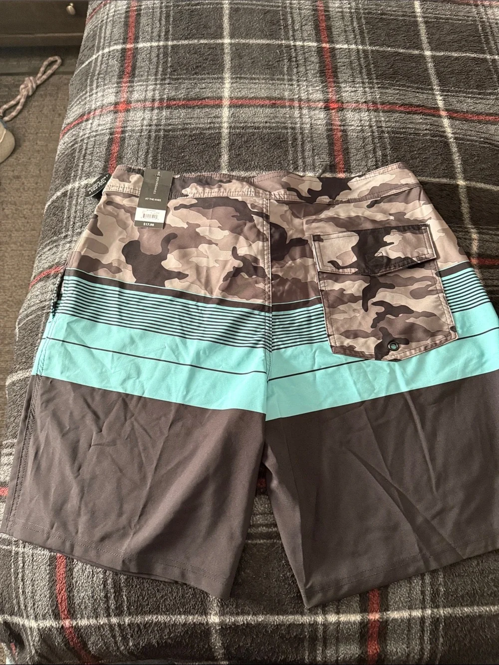No Boundaries Men’s Camo & Aqua Stripe Swim Trunks